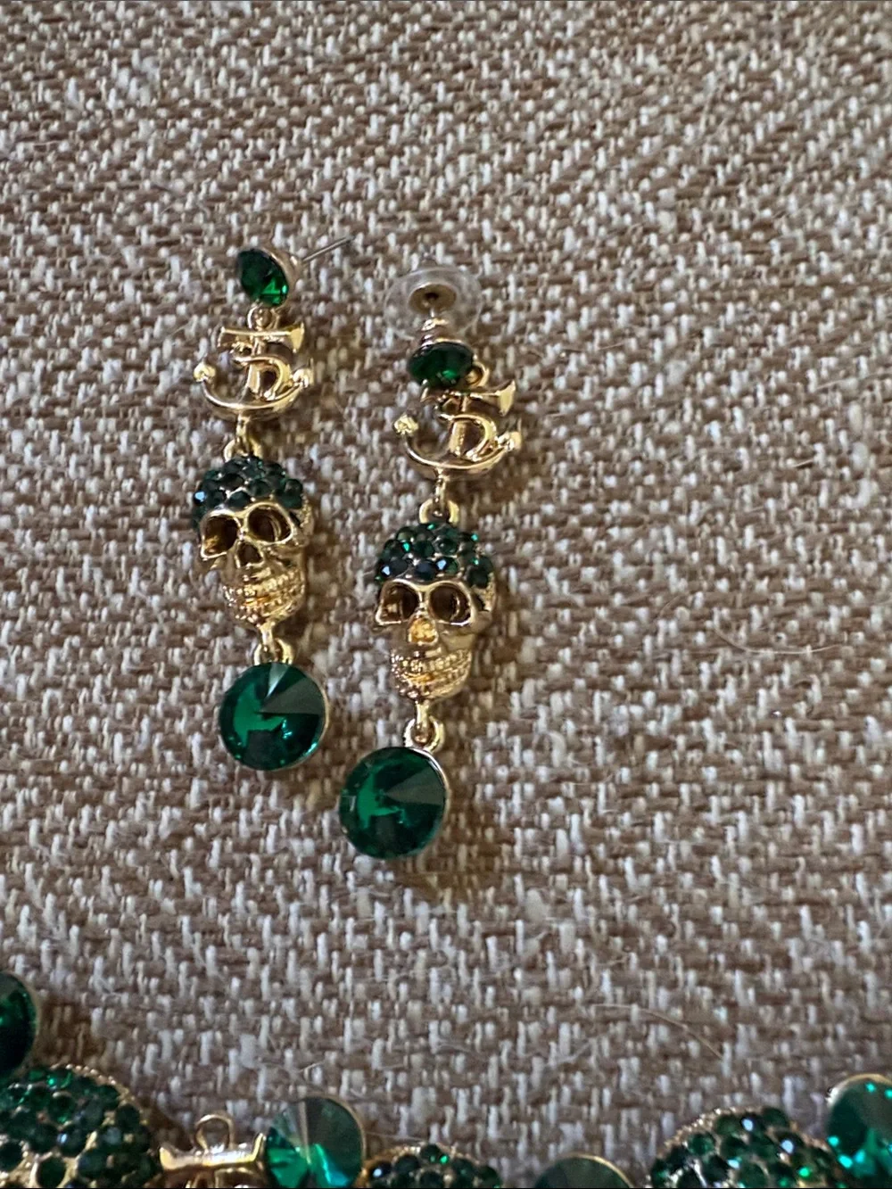 Gold-Tone Skull Necklace & Earring Set with Emerald Green Crystals
